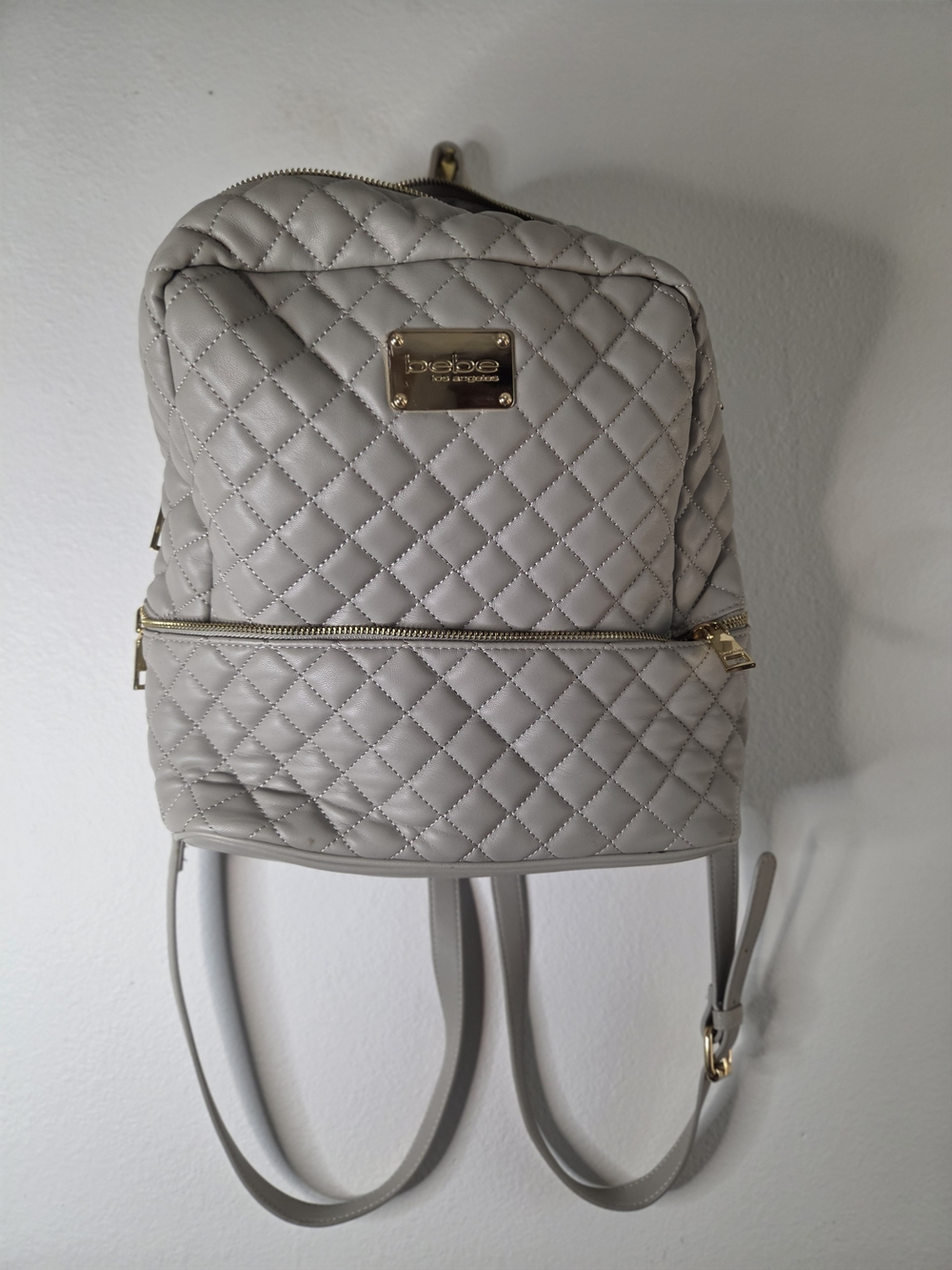 bebe Quilted Mini Backpack in Light Gray with Gold Hardware